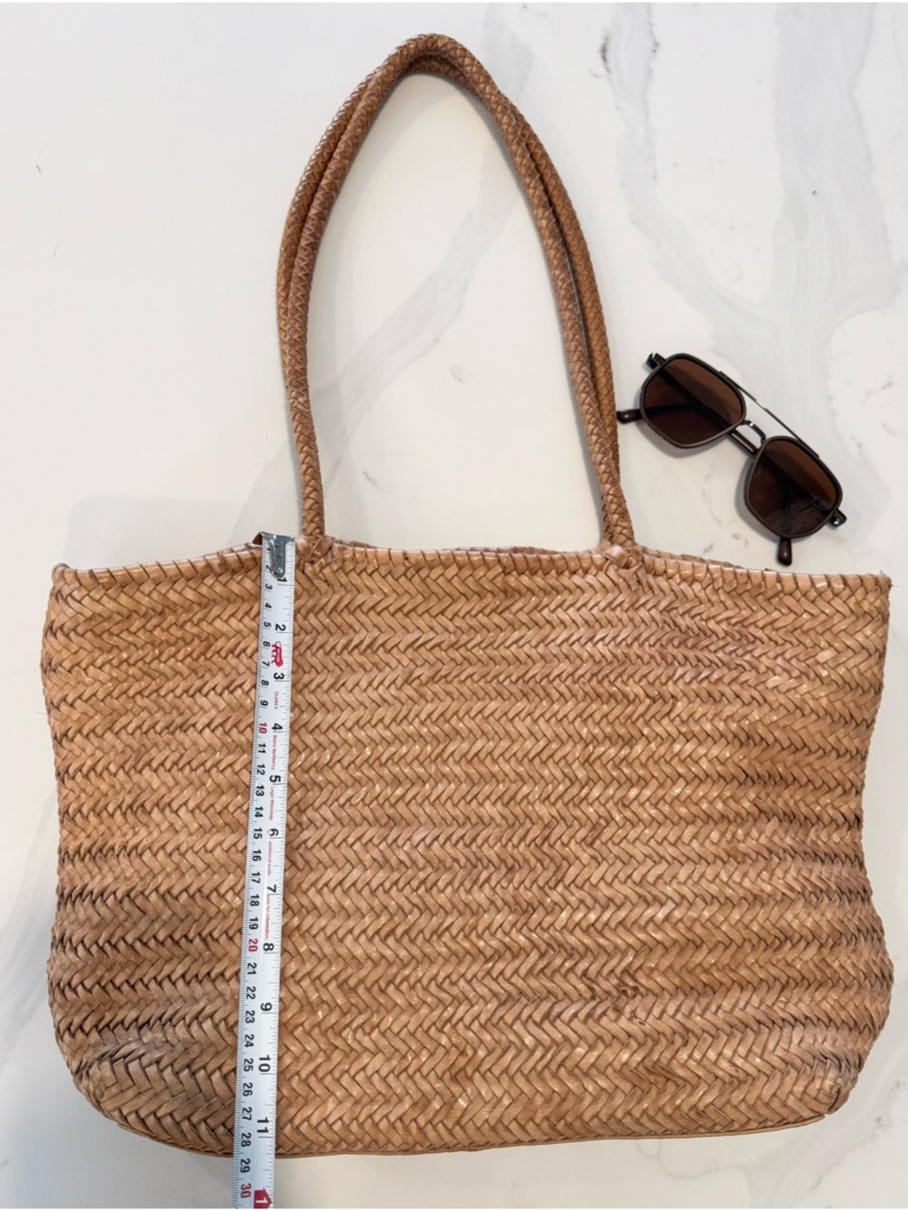 Genuine ✨Leather✨ Woven Tote Bag - Natural Brown, Zipper Top, Multiple Pockets - Picture 7 of 11